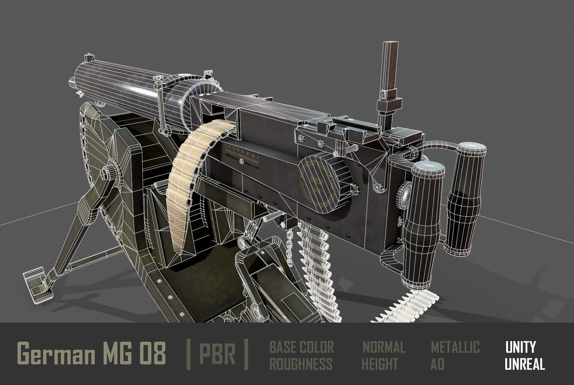 German  MG-08 Machine Gun Low-poly 3D model_14