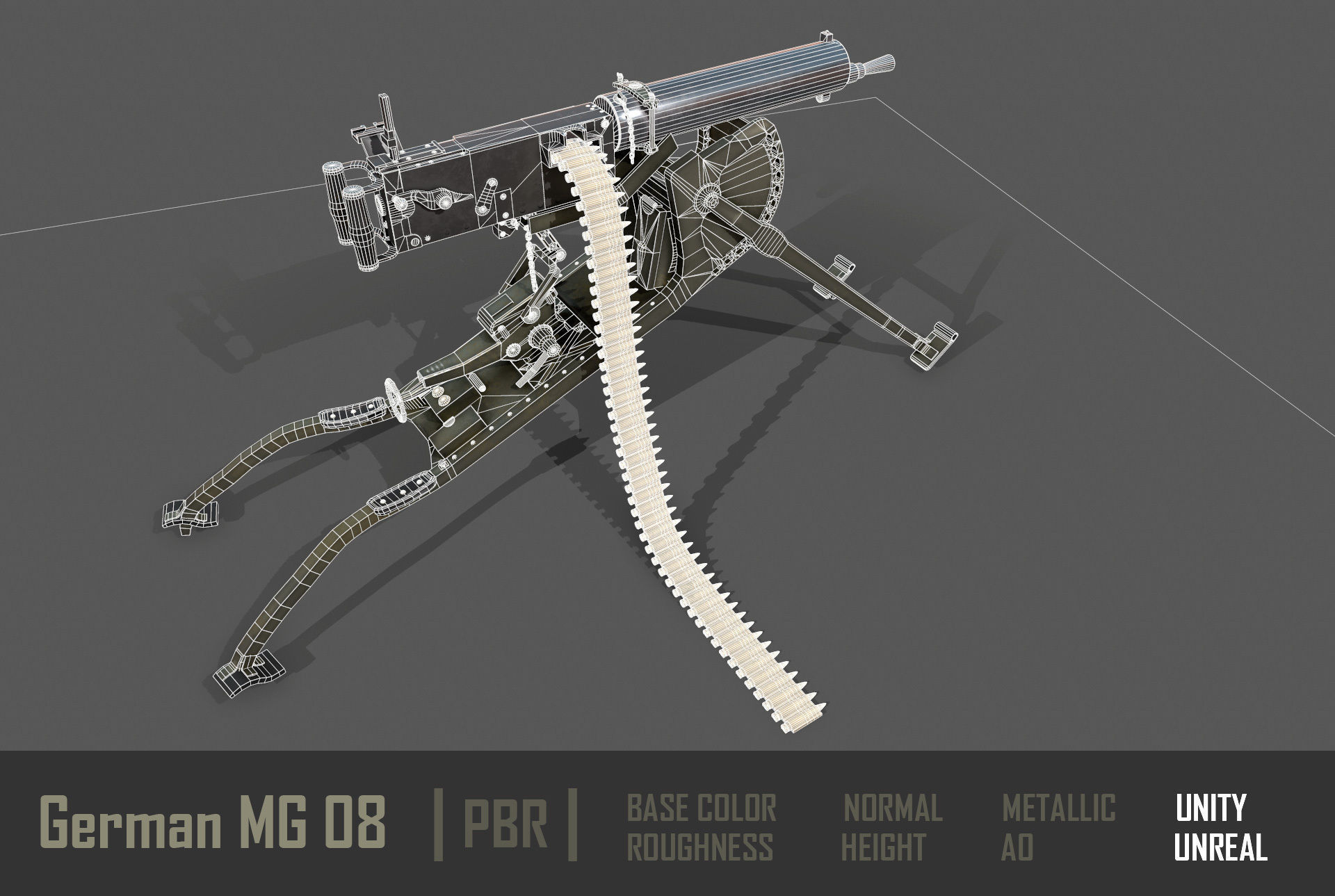German  MG-08 Machine Gun Low-poly 3D model_17
