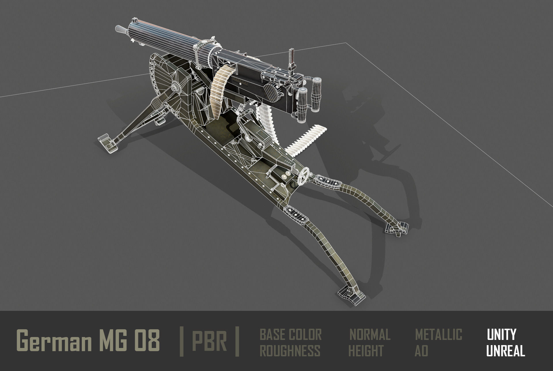 German  MG-08 Machine Gun Low-poly 3D model_16