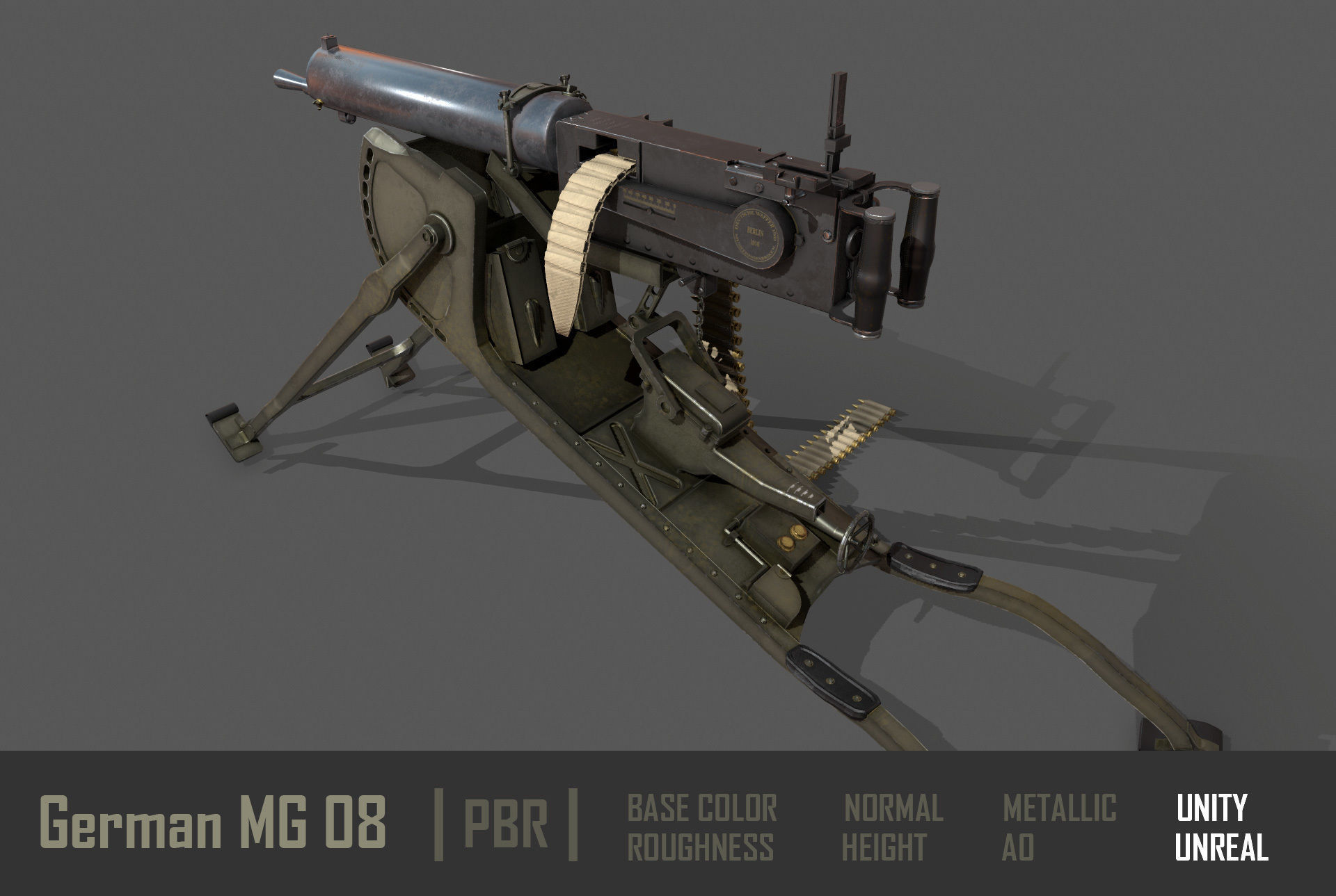 German  MG-08 Machine Gun Low-poly 3D model_5