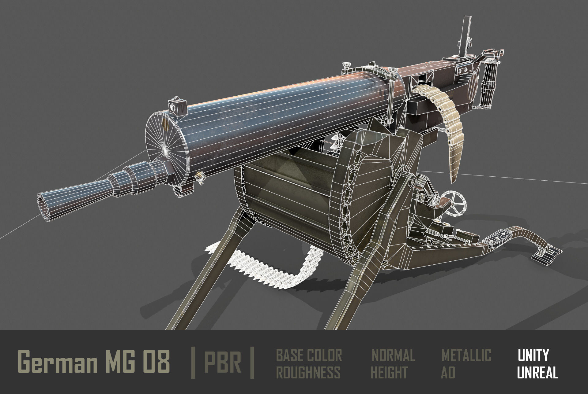 German  MG-08 Machine Gun Low-poly 3D model_15