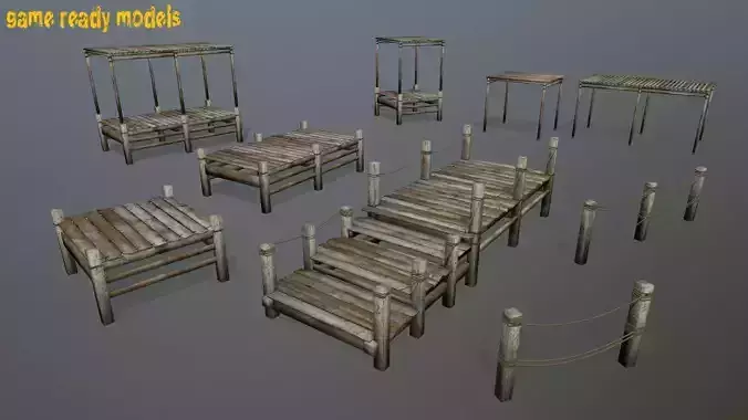Wooden Pier Set Low-poly 3D model