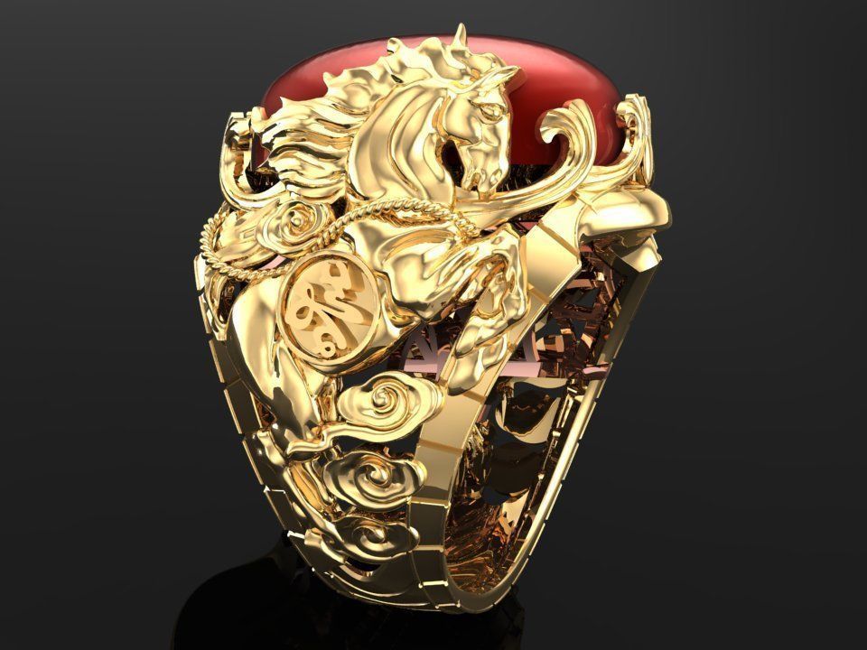 Horse ring - Mens horse ring - Mens oval stone ring - N1001 3D print model_2