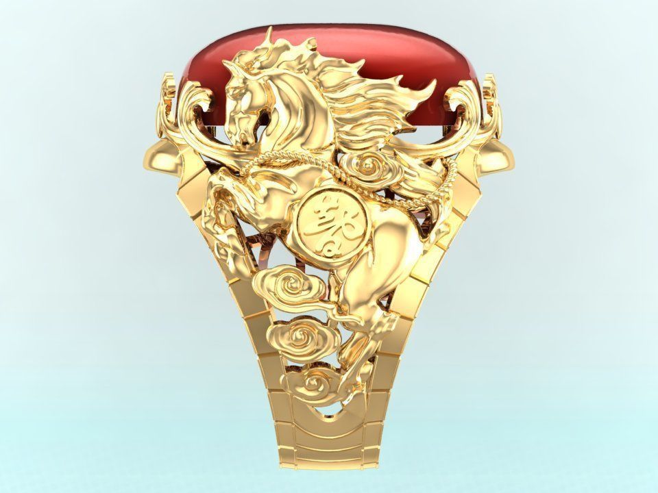 Horse ring - Mens horse ring - Mens oval stone ring - N1001 3D print model_4