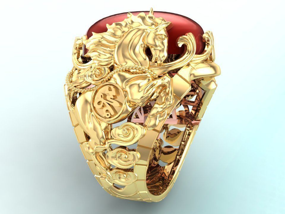 Horse ring - Mens horse ring - Mens oval stone ring - N1001 3D print model_3