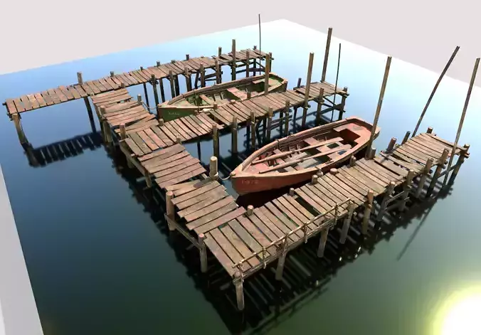 Wooden Pier With Fishing Boats 3D model