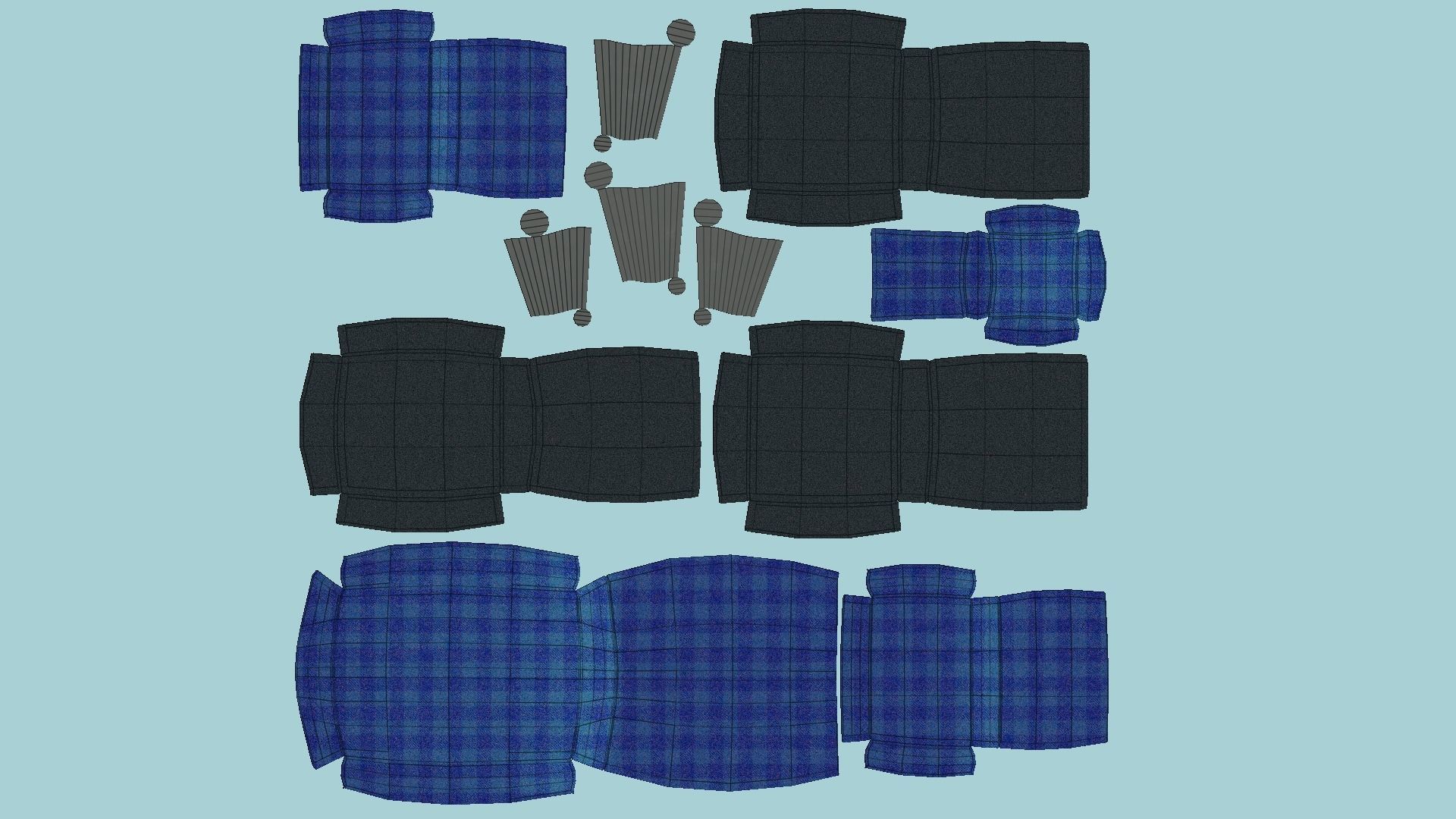 Blue Plaid Armchair Pillow - Furniture Interior Design Low-poly 3D model_5