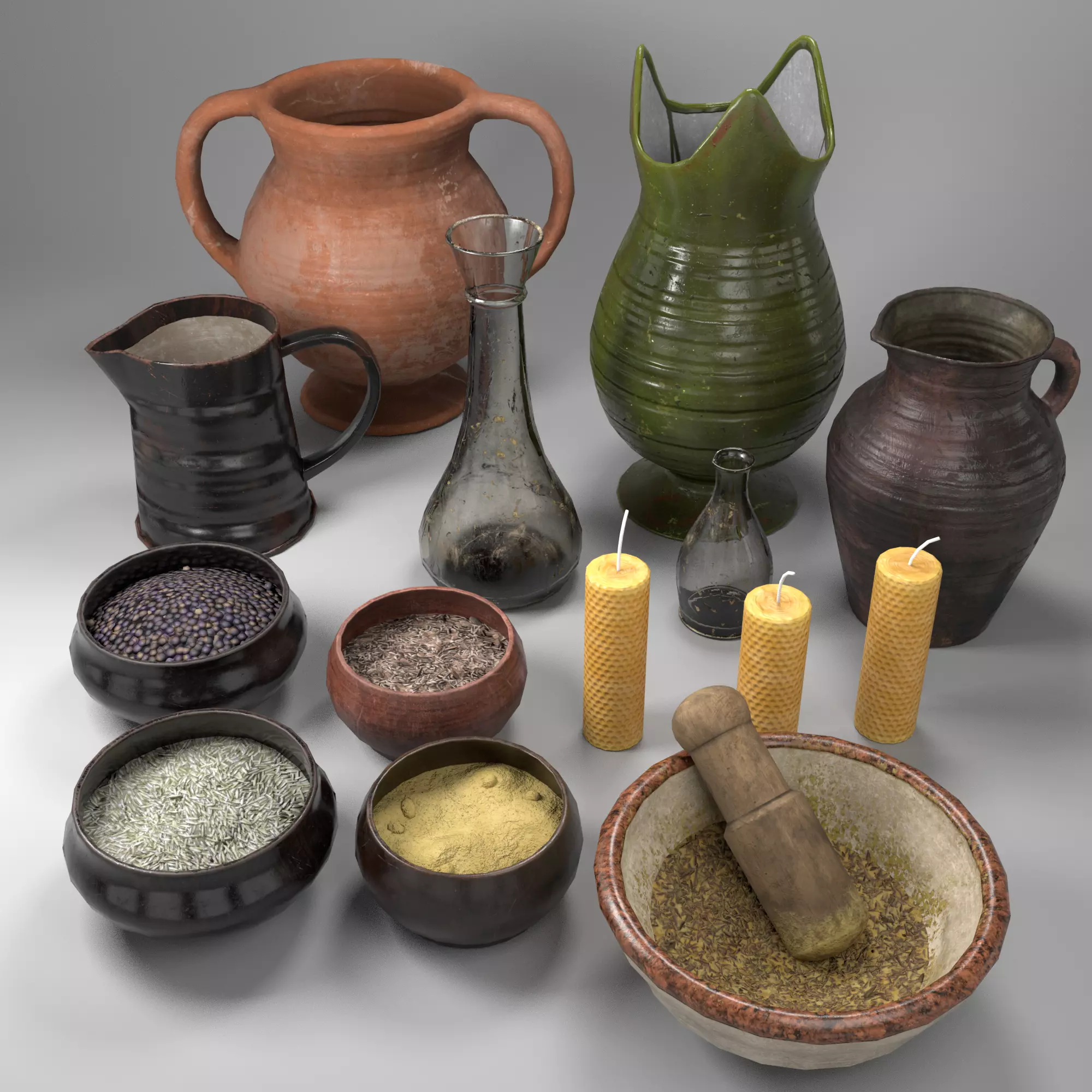 Herb Bowls Scene Low-poly 3D model_0