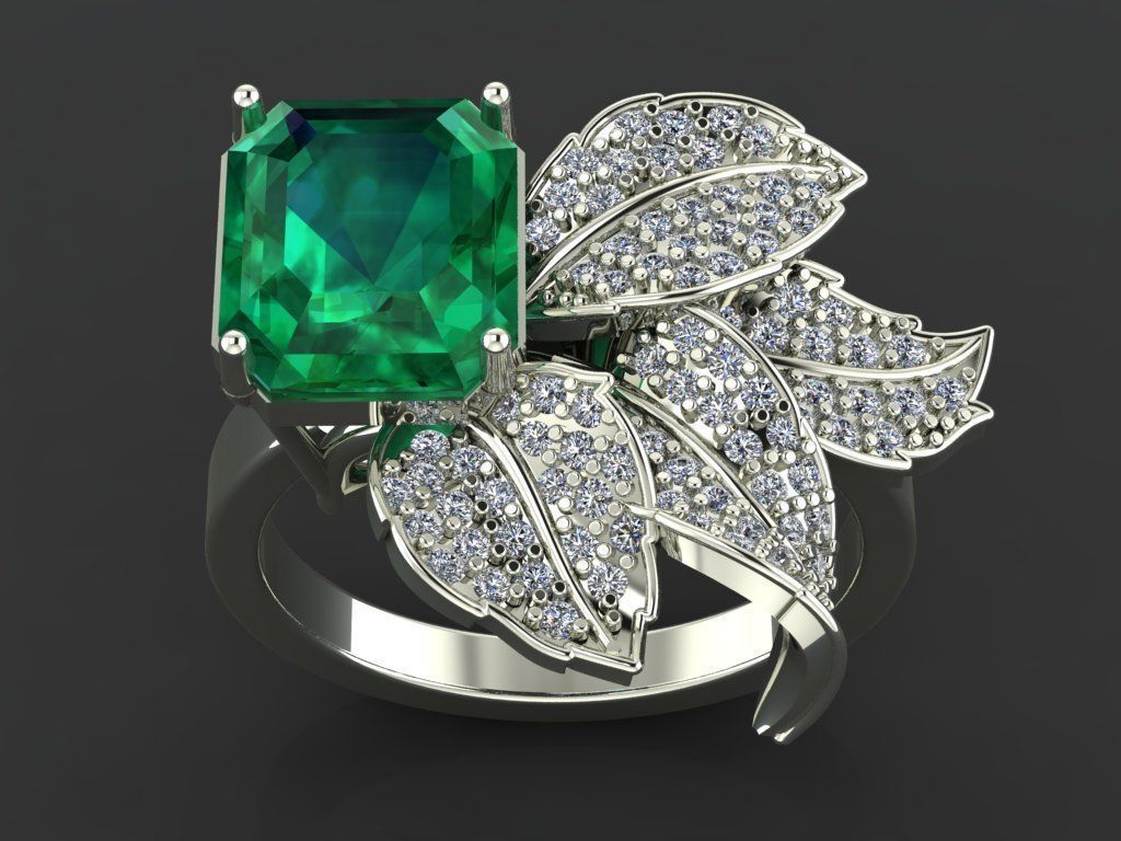 Emerald ring with leaves 3D print model_4