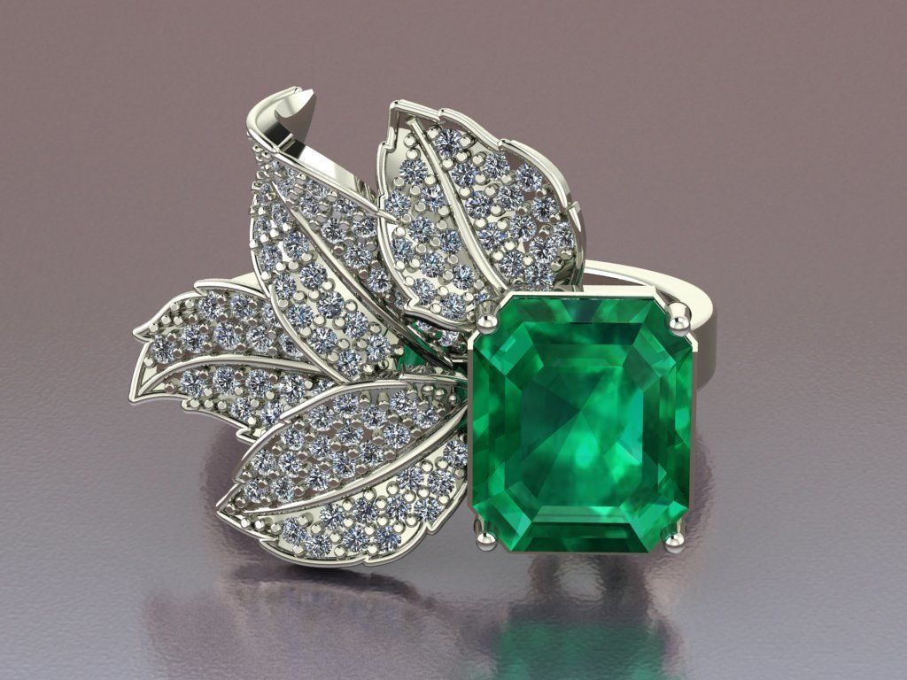 Emerald ring with leaves 3D print model_11