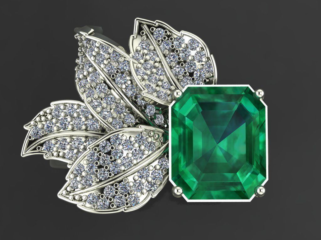 Emerald ring with leaves 3D print model_7
