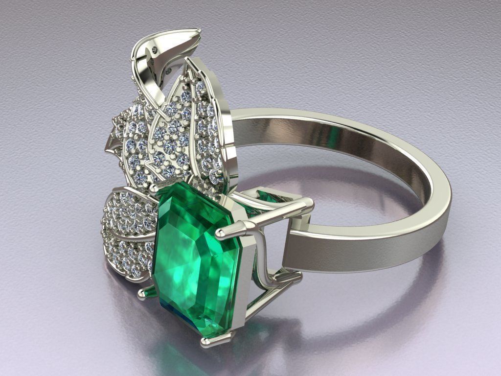 Emerald ring with leaves 3D print model_1