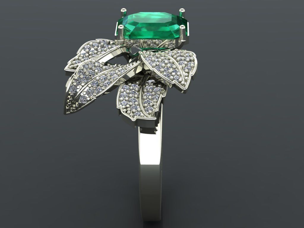 Emerald ring with leaves 3D print model_6