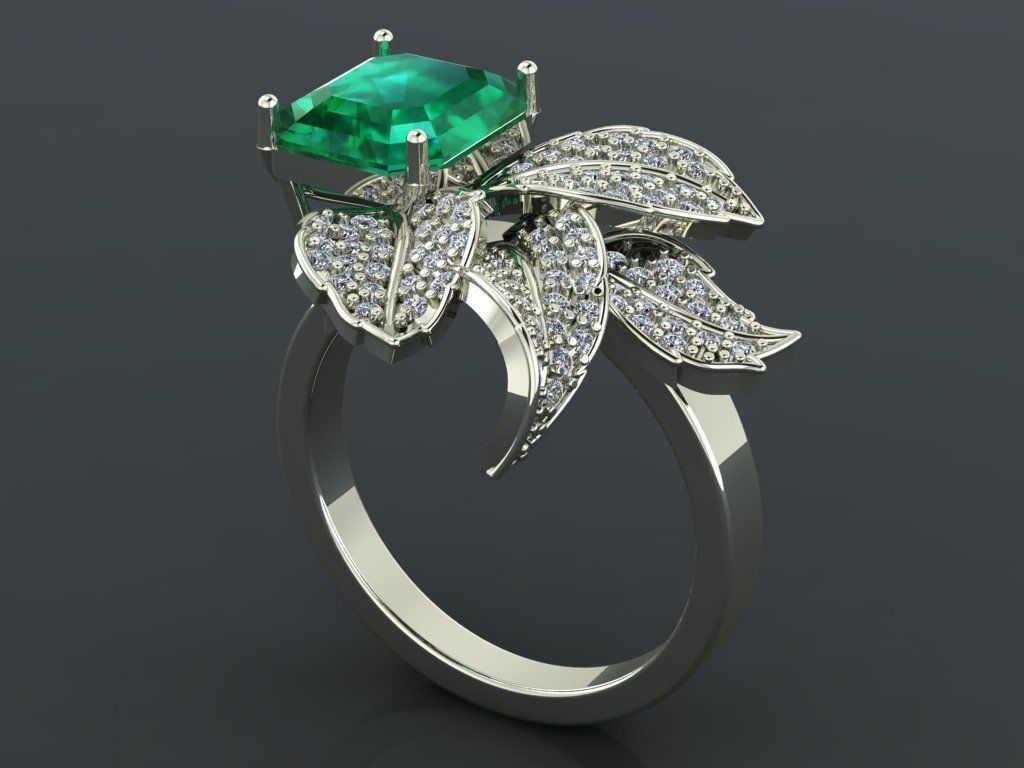 Emerald ring with leaves 3D print model_5