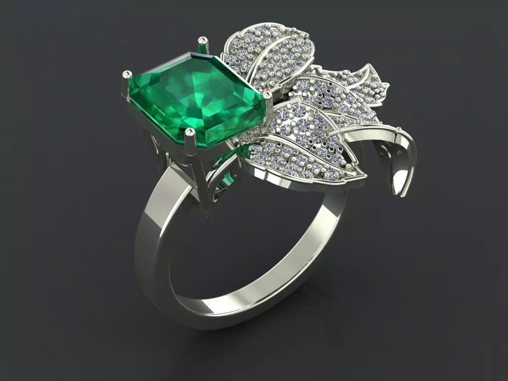 Emerald ring with leaves 3D print model_0