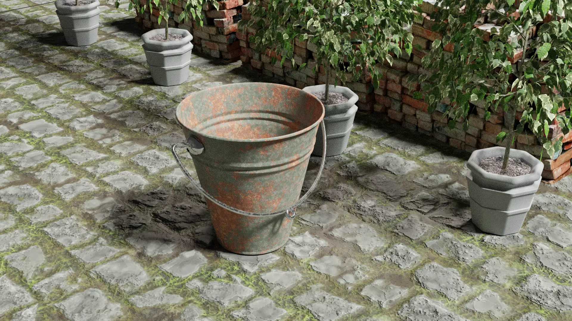 Bucket garden with potted plants and Free 3D model