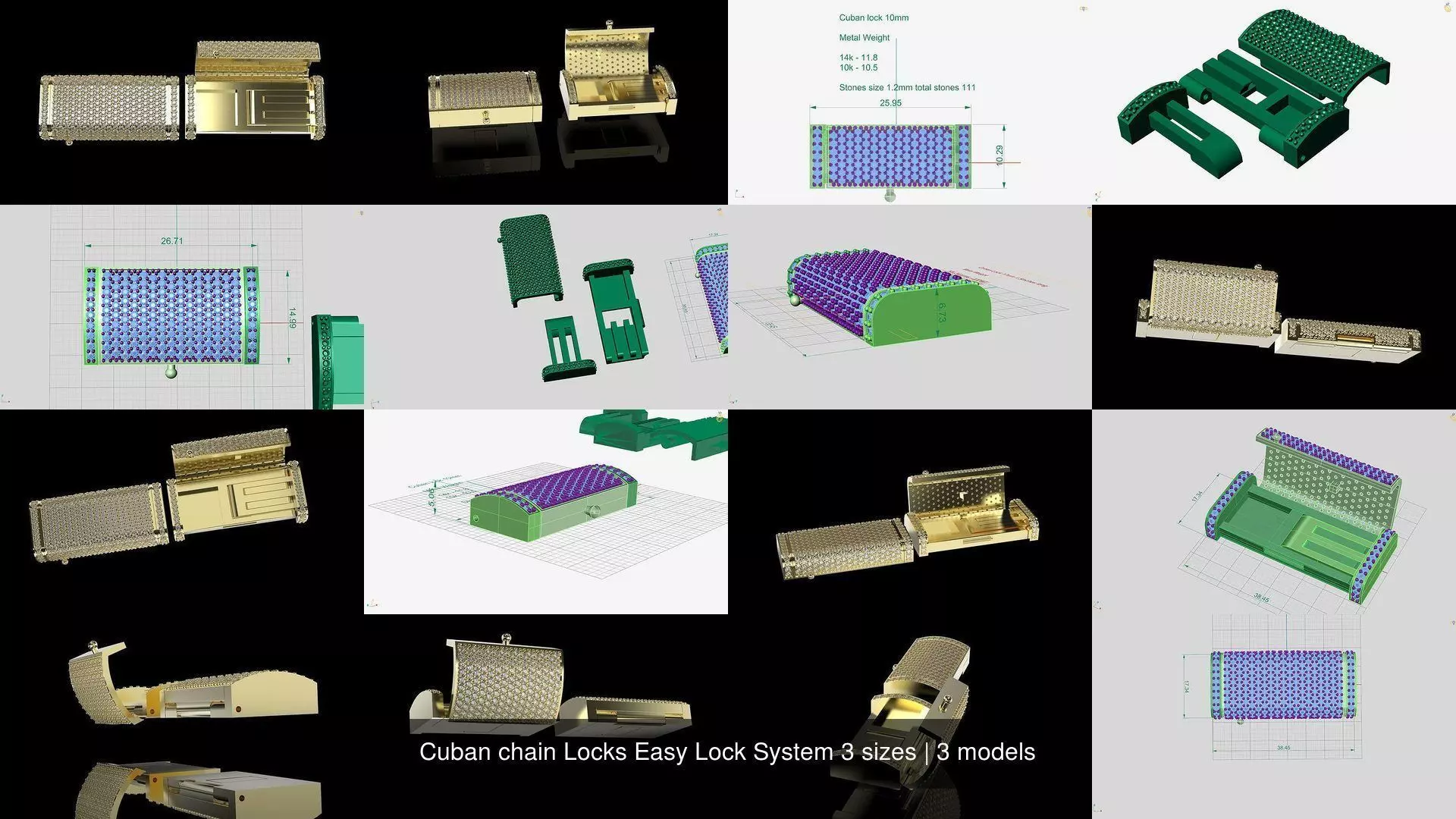 Cuban chain Locks Easy Lock System 3 sizes 3D Model Collection_0