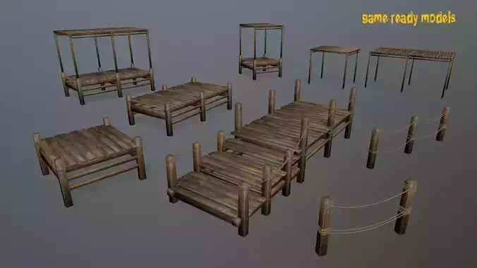 Wooden Pier Set Low-poly 3D model
