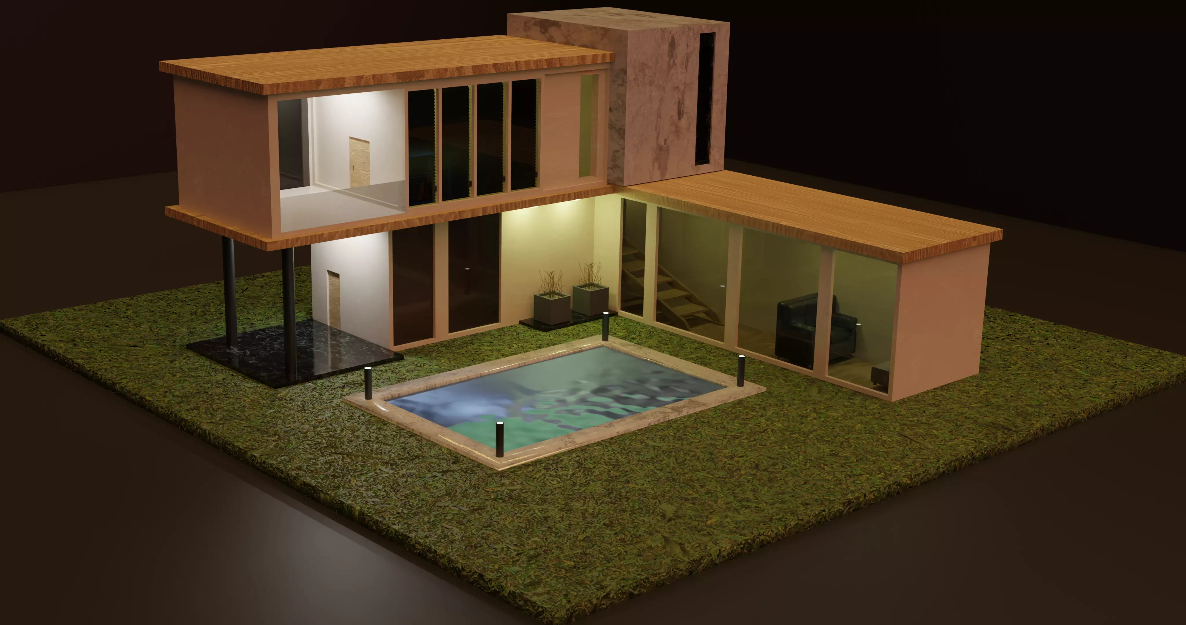 4k 3d house modern with swimming pool Free low-poly 3D model_0