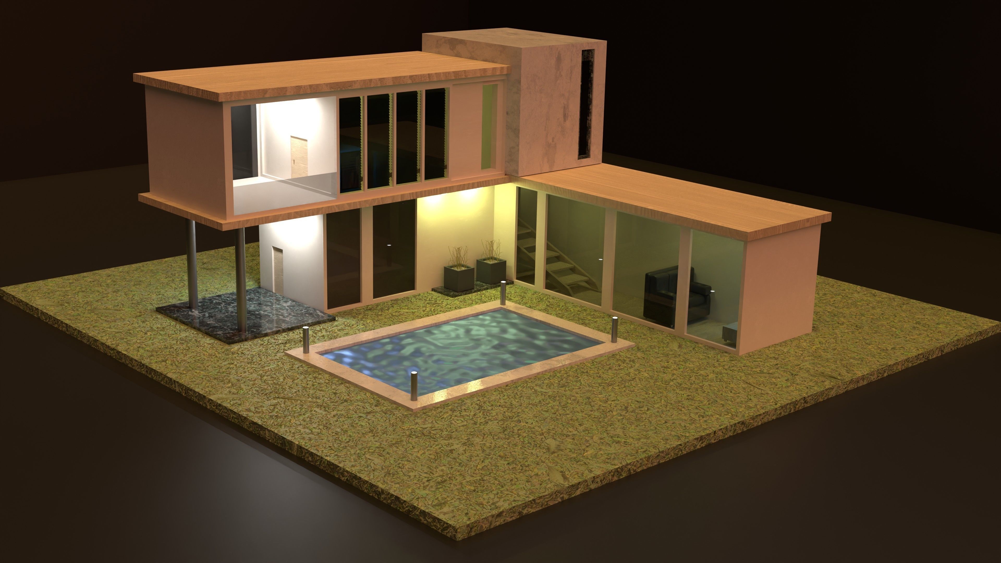 4k 3d house modern with swimming pool Free low-poly 3D model_4