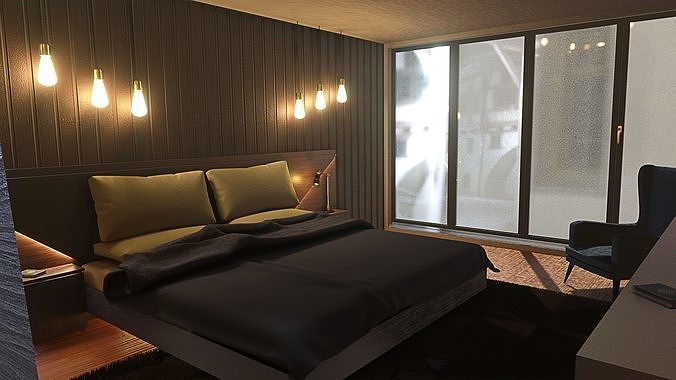 Bedroom in hotel Low-poly 3D model