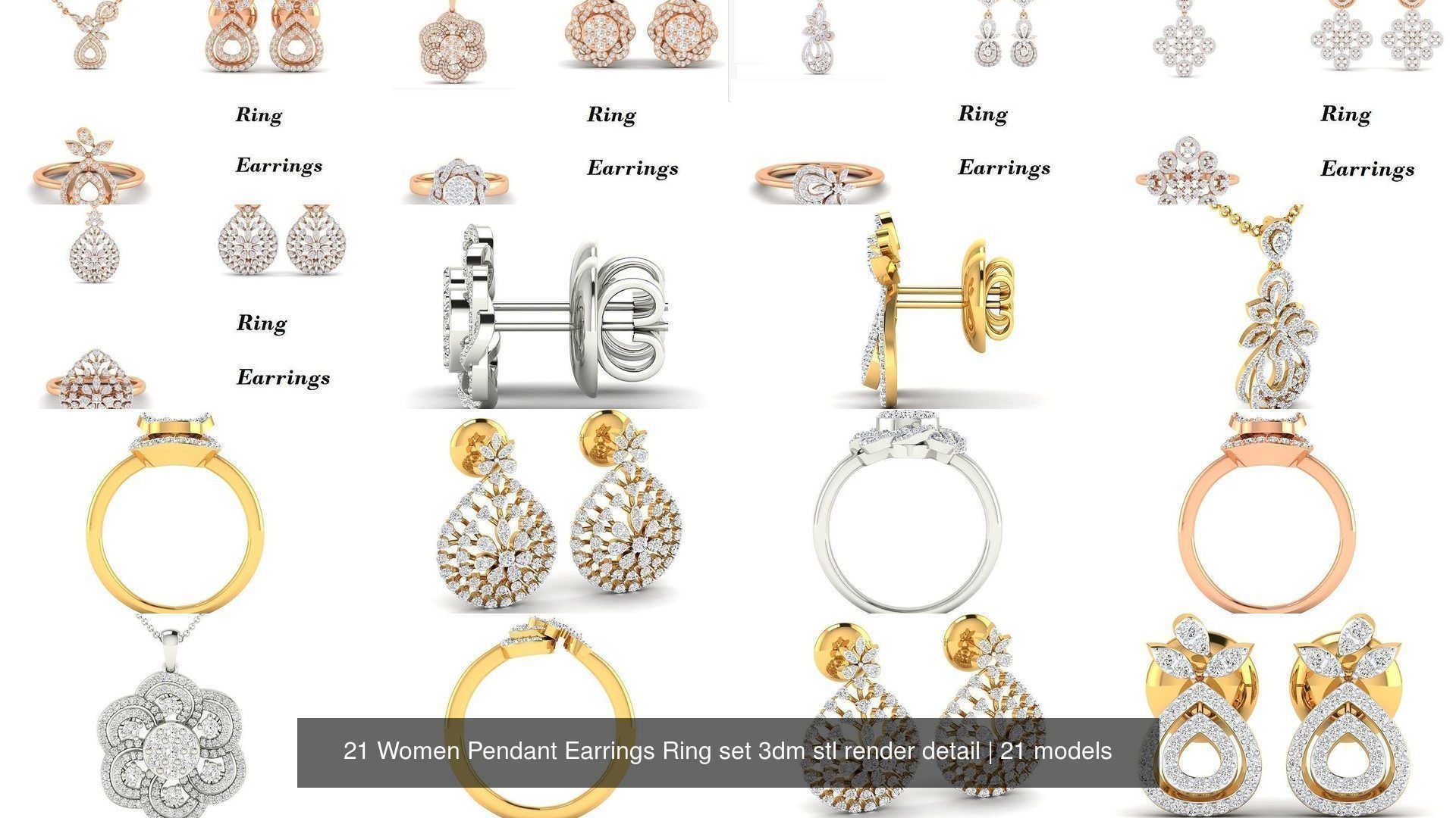 21 Women Pendant Earrings Ring set 3dm stl render detail 3D Model Collection_2