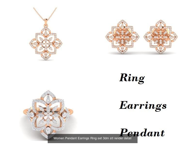 21 Women Pendant Earrings Ring set 3dm stl render detail 3D Model Collection_14