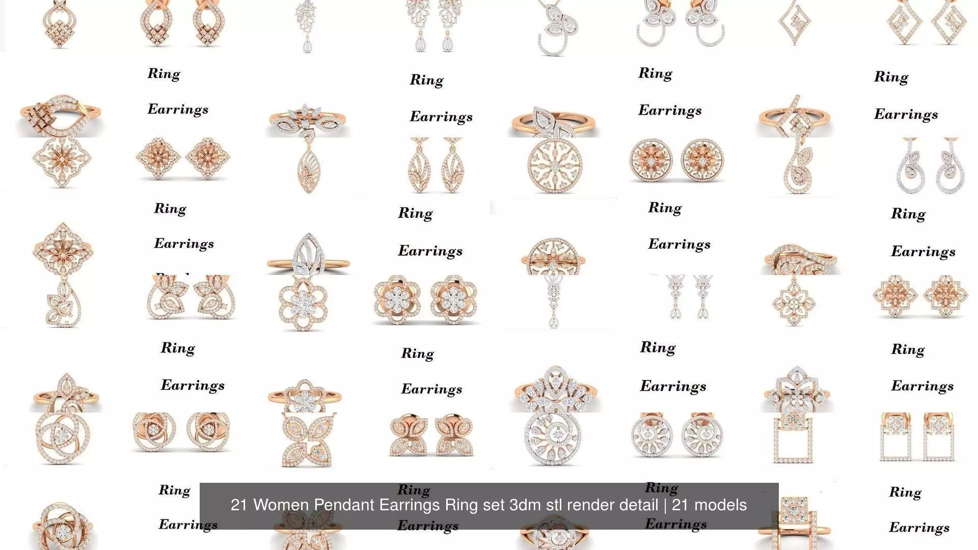 21 Women Pendant Earrings Ring set 3dm stl render detail 3D Model Collection_0