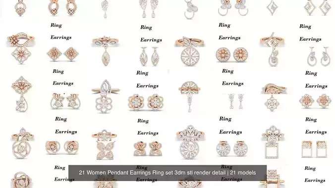 21 Women Pendant Earrings Ring set 3dm stl render detail 3D Model Collection 21 Women Pendant Earrings Ring set 3dm stl render detail 3D Model Collection