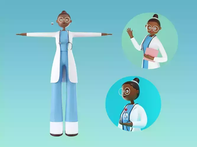 Stylized cute cartoon African  young woman in doctor uniform 