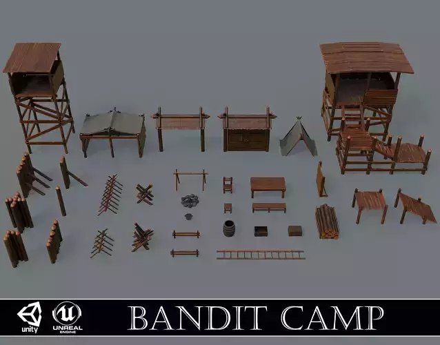 Set of 33 Medieval Bandit Camping Assets Low-poly 3D model