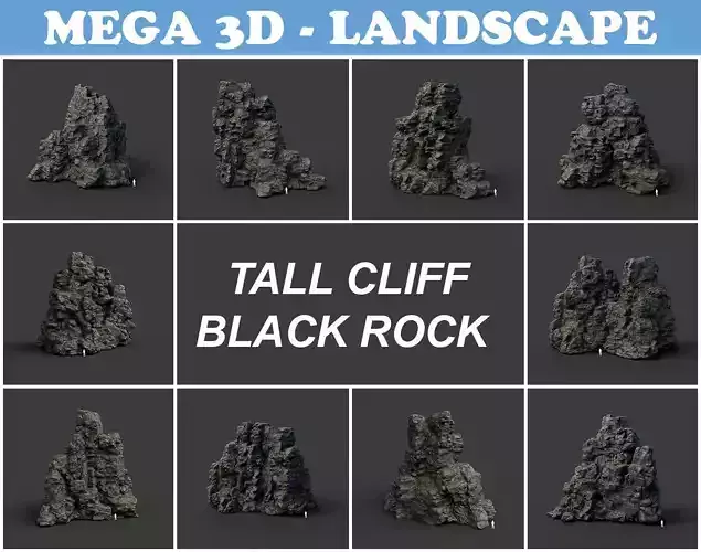 Low poly Tall Cliff Black Rock 210502 Low-poly 3D model