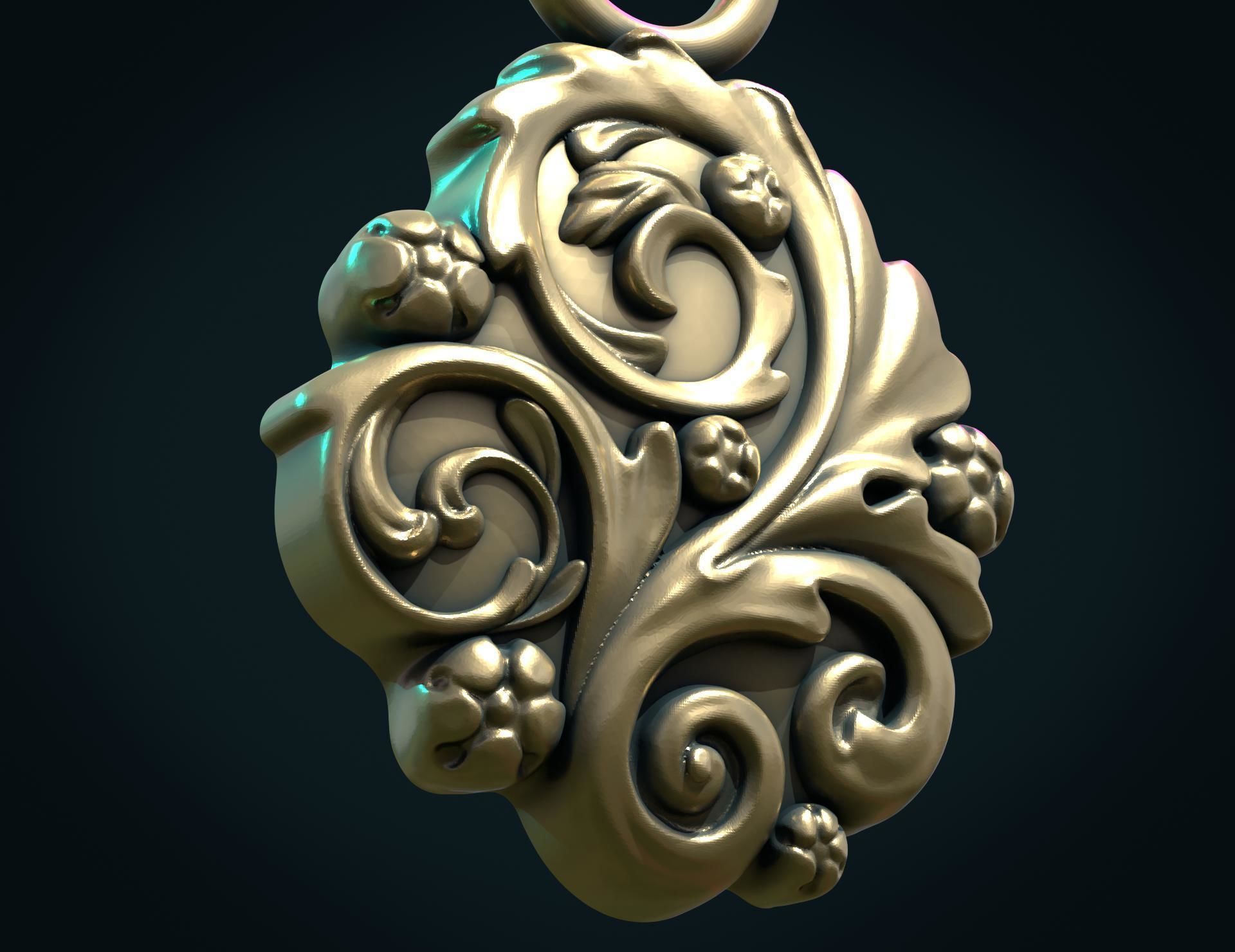 Leaves Scrolls charm pendant 3D print model_4