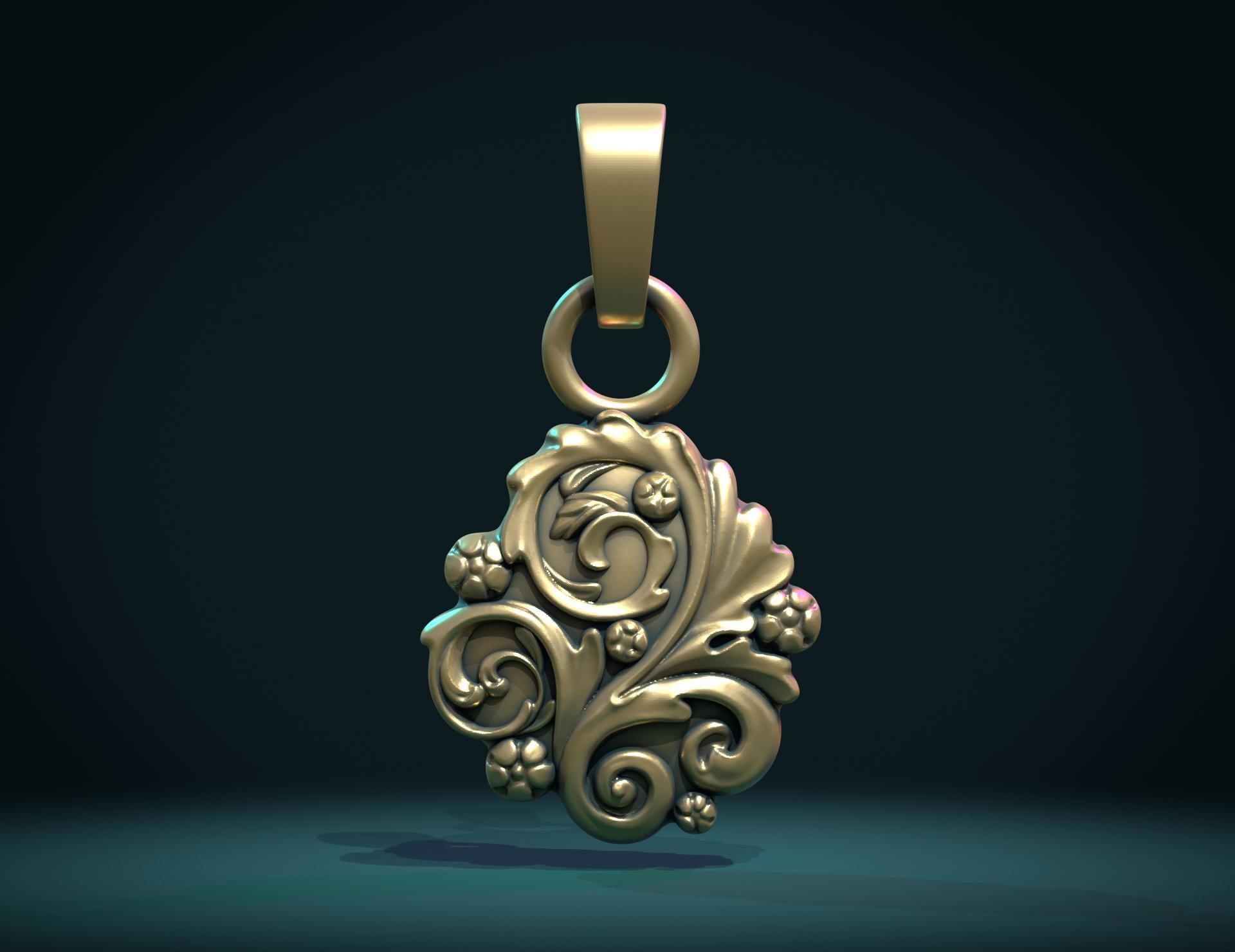 Leaves Scrolls charm pendant 3D print model_3