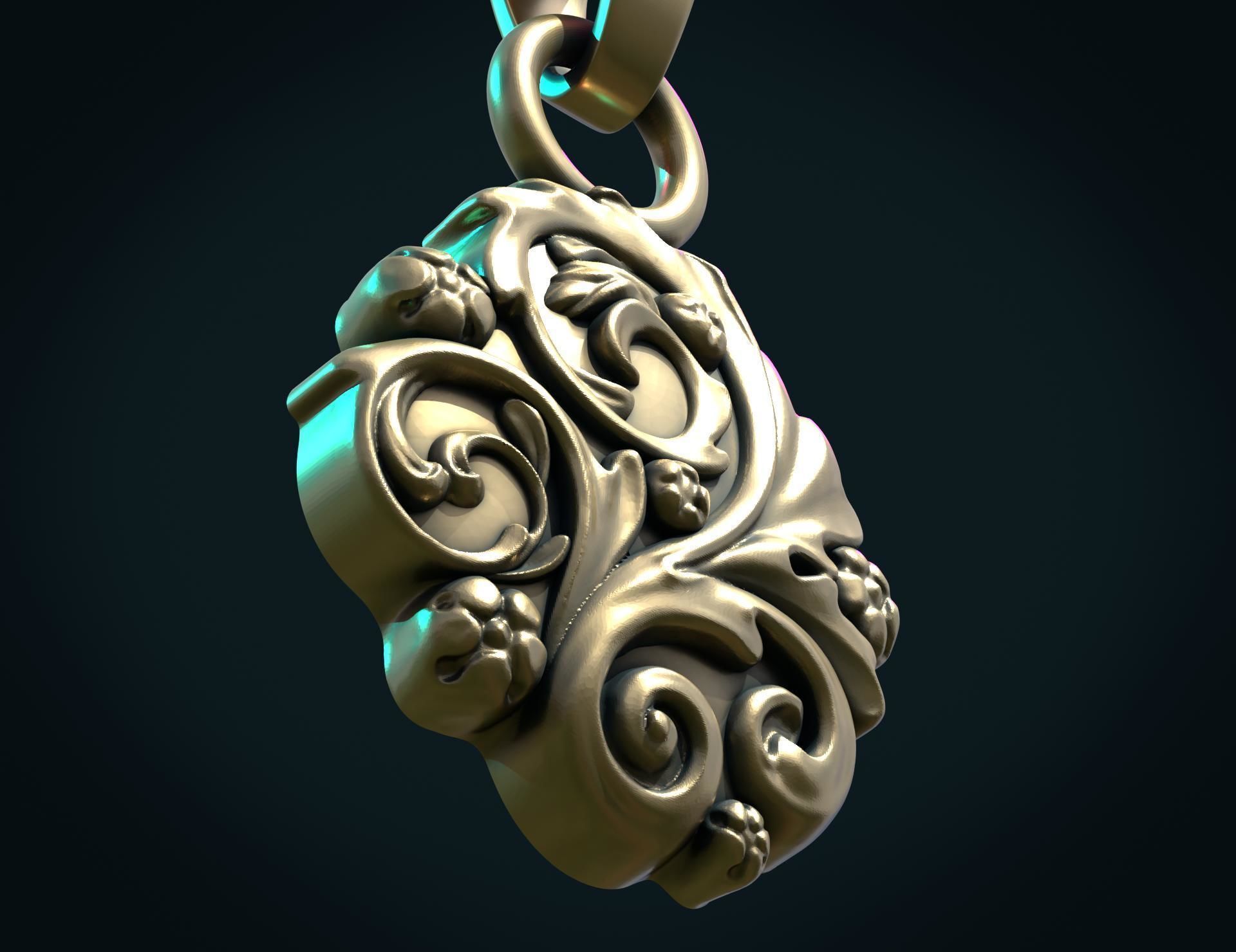 Leaves Scrolls charm pendant 3D print model_9