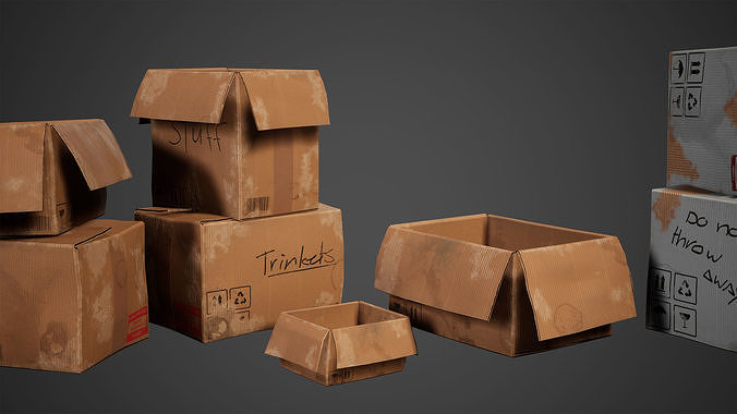 Cardboard Set Low Poly Game Ready group of boxes Low-poly 3D model