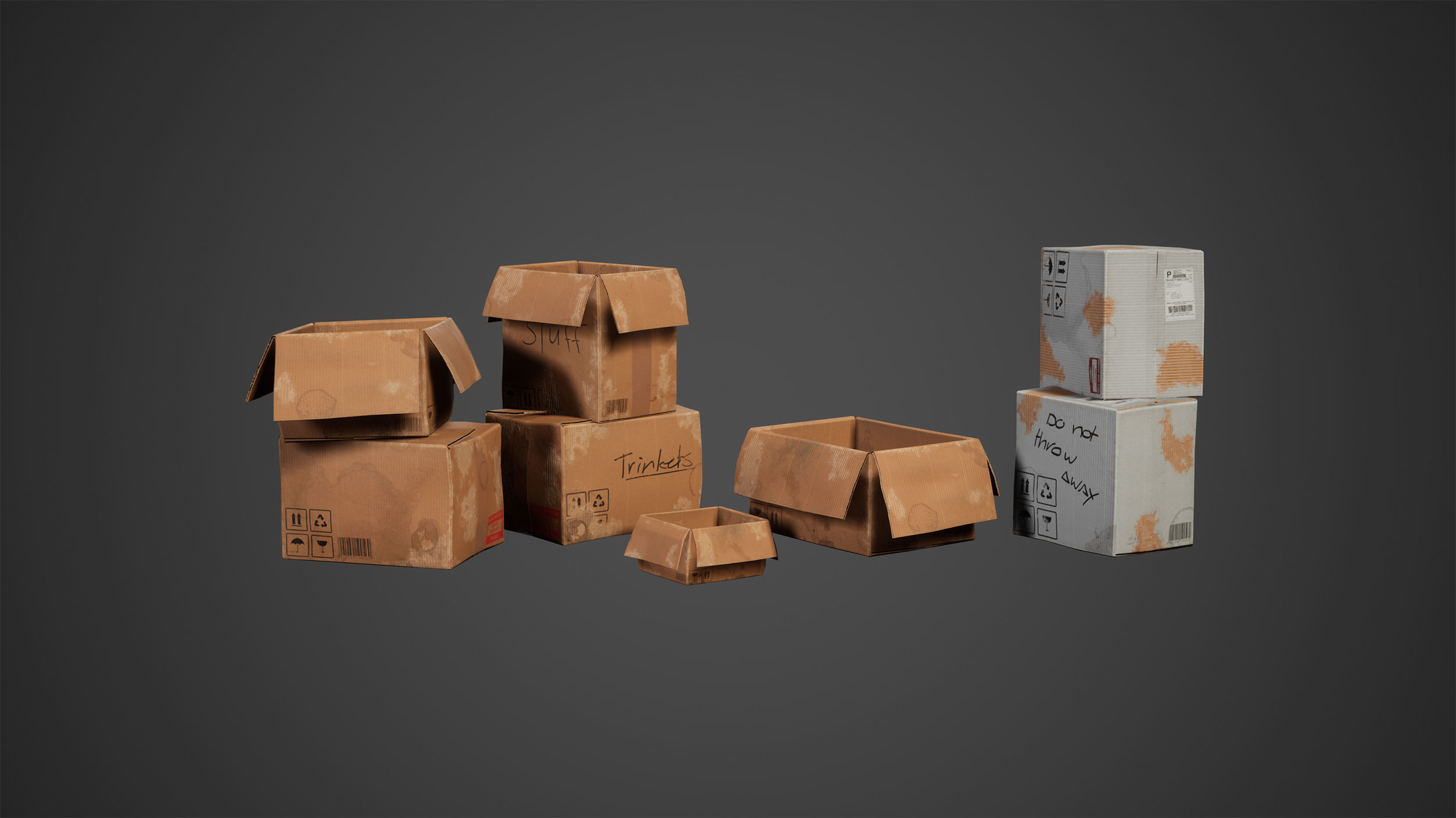 Cardboard Set Low Poly Game Ready group of boxes Low-poly 3D model_1