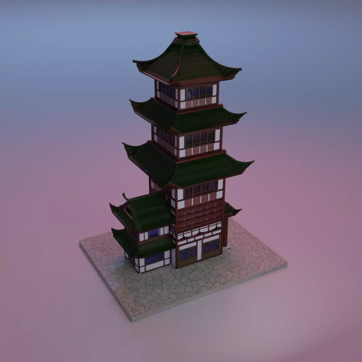 Japanese building architecture Low-poly 3D model_0