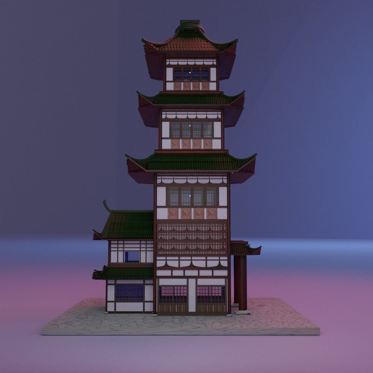 Japanese building architecture Low-poly 3D model_2