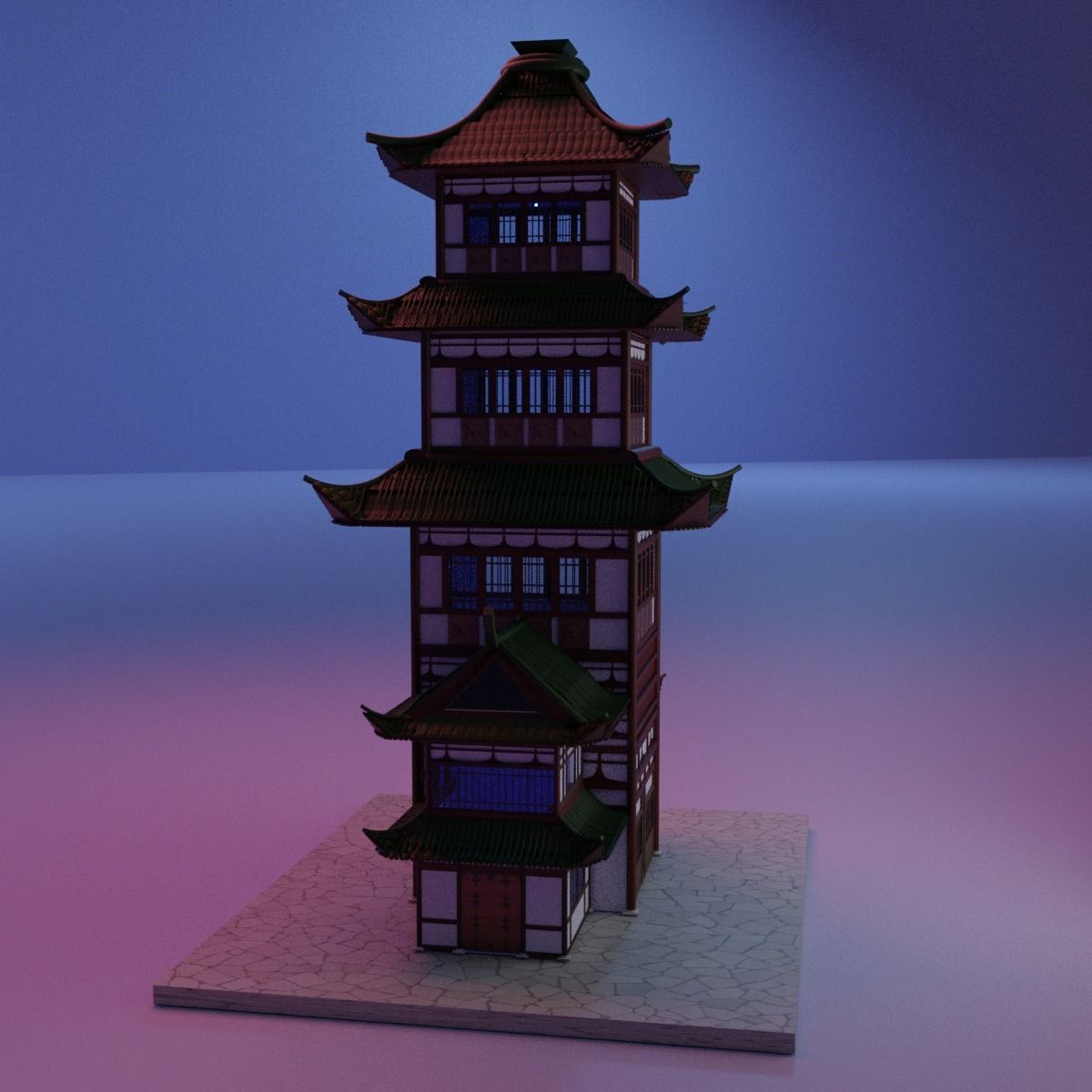 Japanese building architecture Low-poly 3D model_4