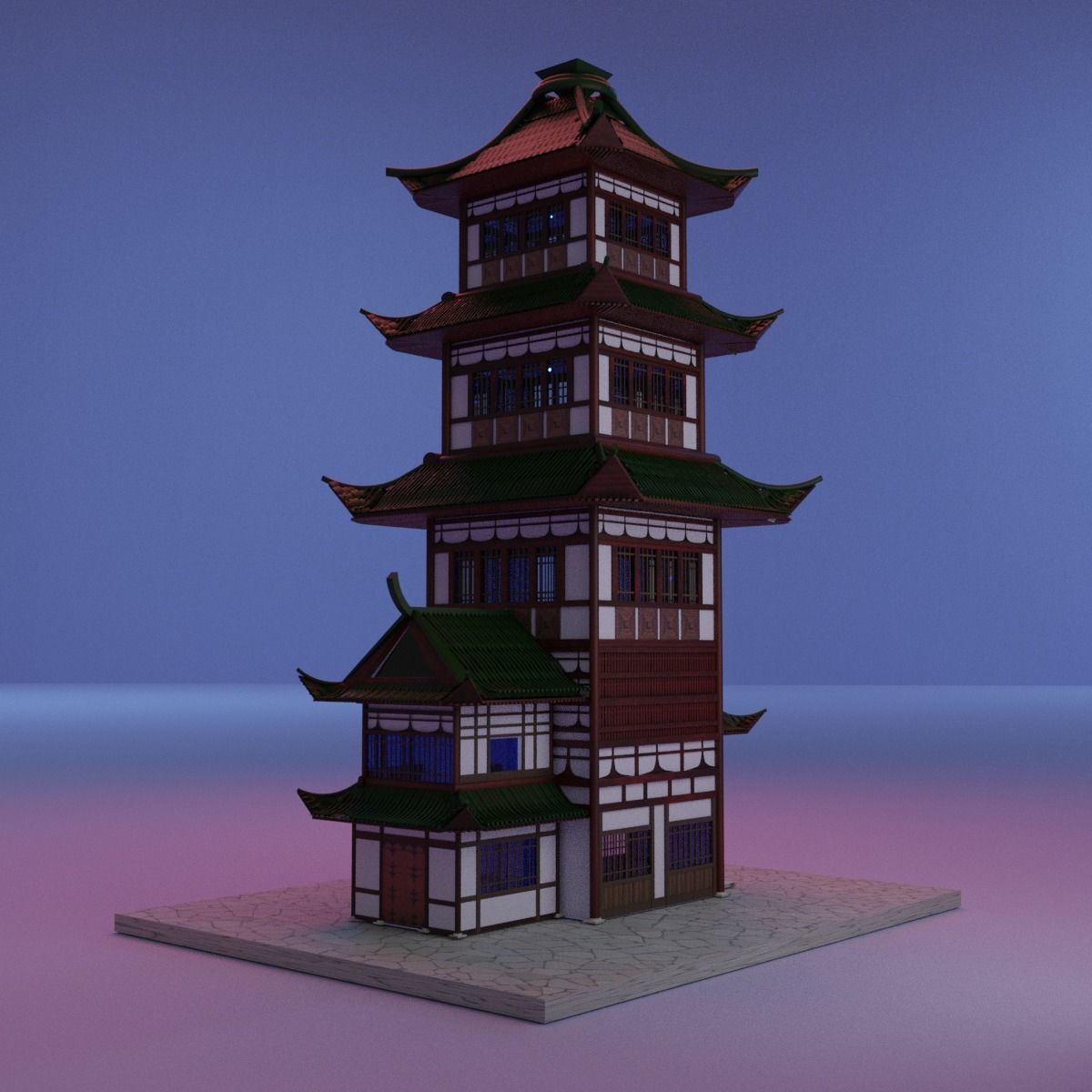 Japanese building architecture Low-poly 3D model_1