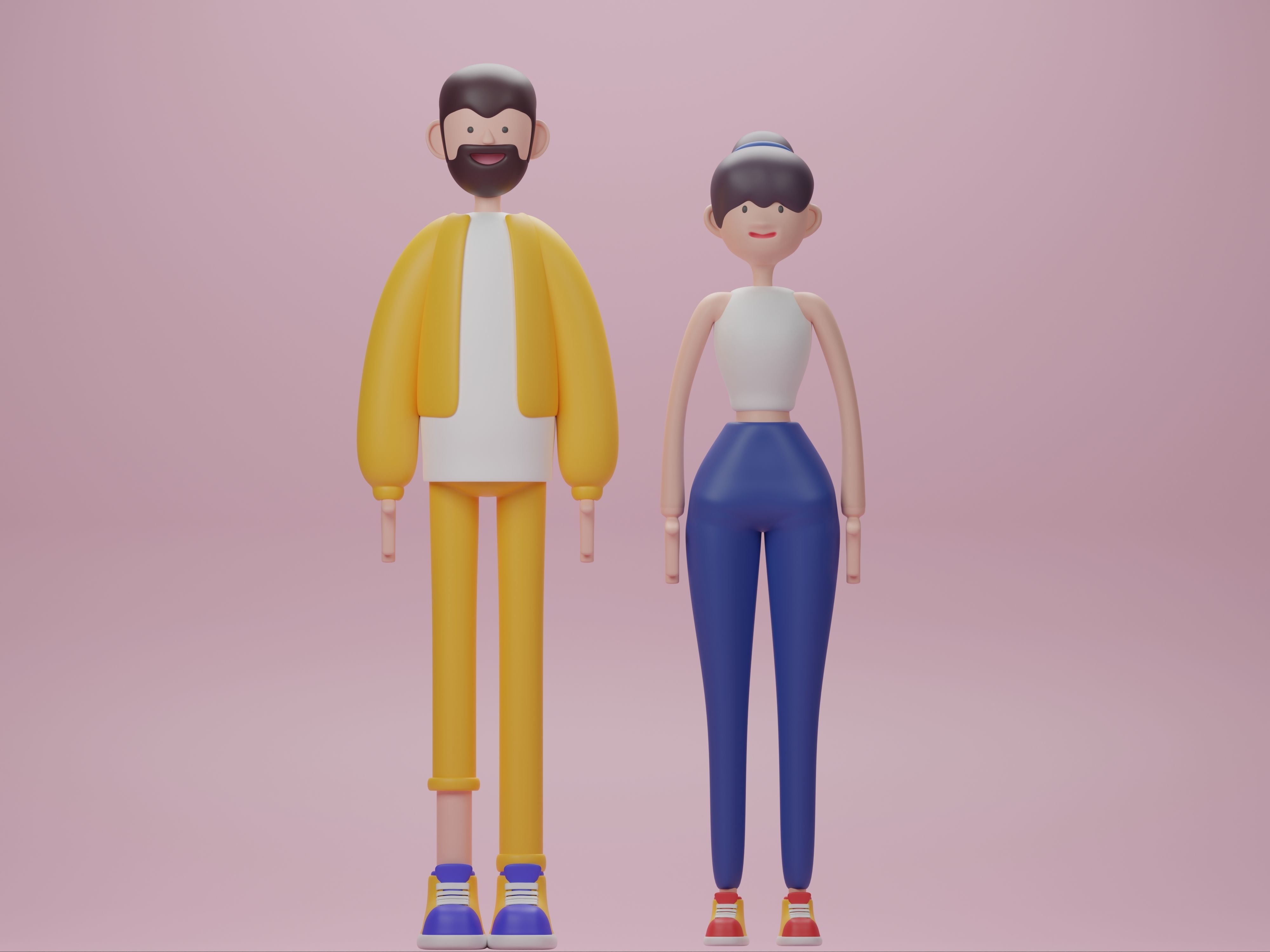 Male and Female cartoon characters base mesh Low-poly 3D model_2