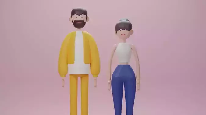 Male and Female cartoon characters base mesh Low-poly 3D model