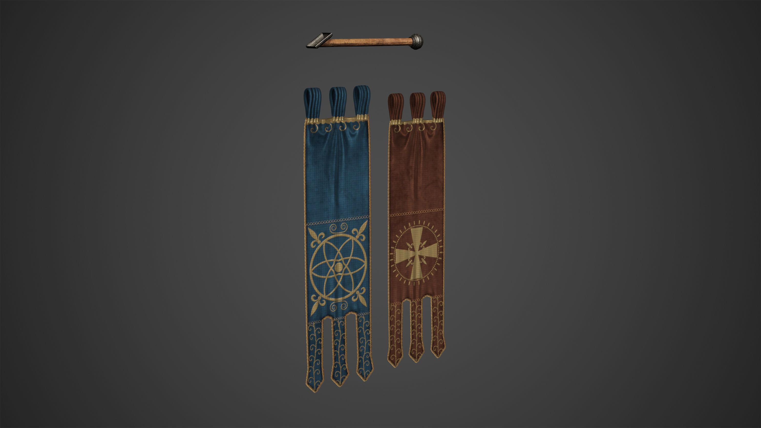 Medieval Hanging Banners and Rack Low Poly Game Ready Low-poly 3D model_3
