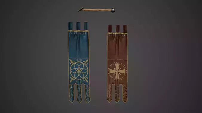 Medieval Hanging Banners and Rack Low Poly Game Ready Low-poly 3D model