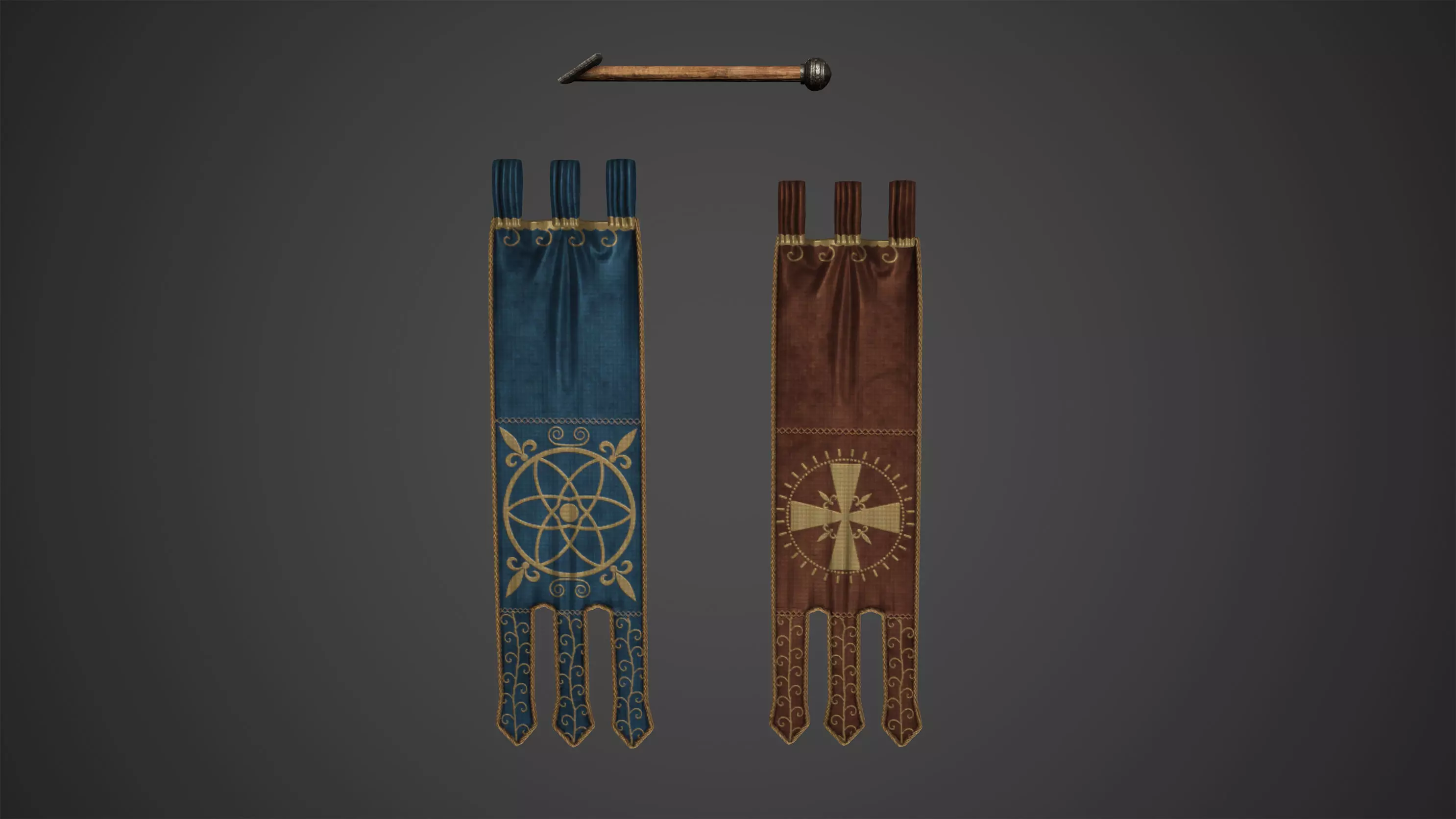 Medieval Hanging Banners and Rack Low Poly Game Ready Low-poly 3D model_0