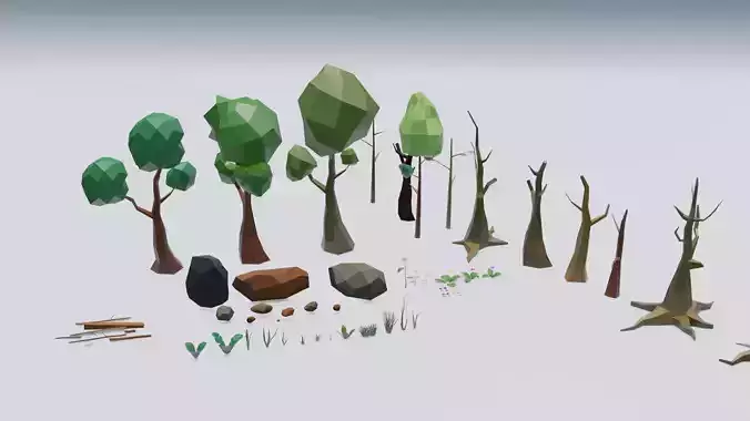 Low poly jungle assets trees flowers