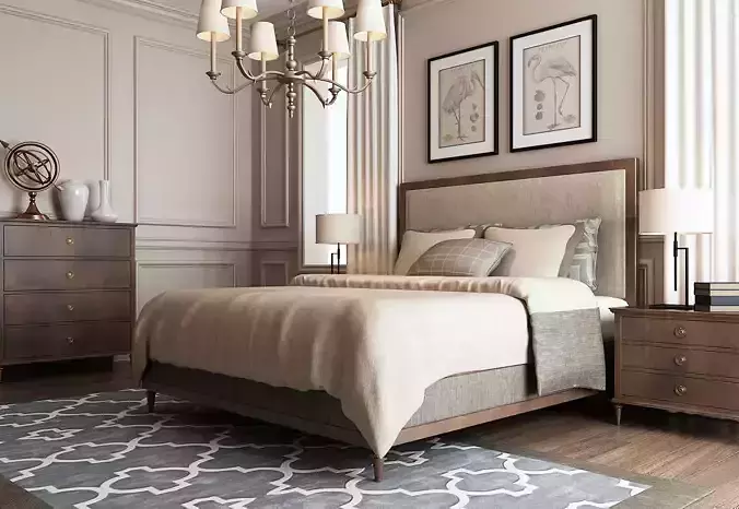 STOOL bedroom with furniture and chandelier