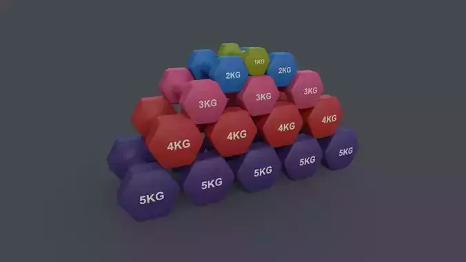 PBR 1-5KG Women Hexagon Dumbbell V2 - Neoprene Coated Low-poly 3D model