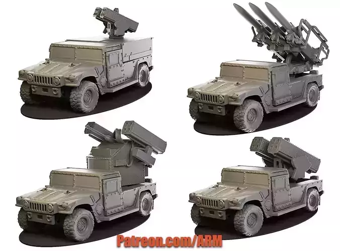 Hummer four military vehicles with different weapons 3D print model